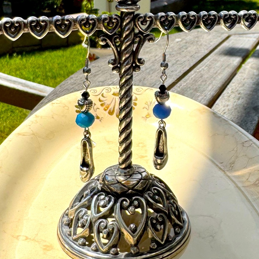 Silver & Blue “High Heel” Drop Earrings with Heart Accent